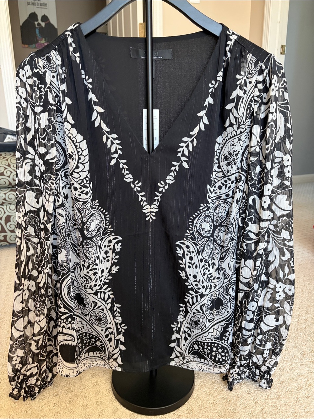 White House Black Market Black and White V-Neck Paisley Print Blouse